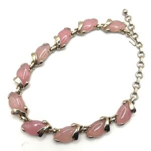 Vintage Pink Choker Necklace Glass Rosebud Links 15" MCM Silver Tone Prom Easter